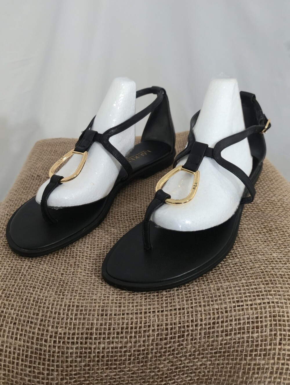 Ralph Lauren Black T-Strap Sandals with Gold Hardware